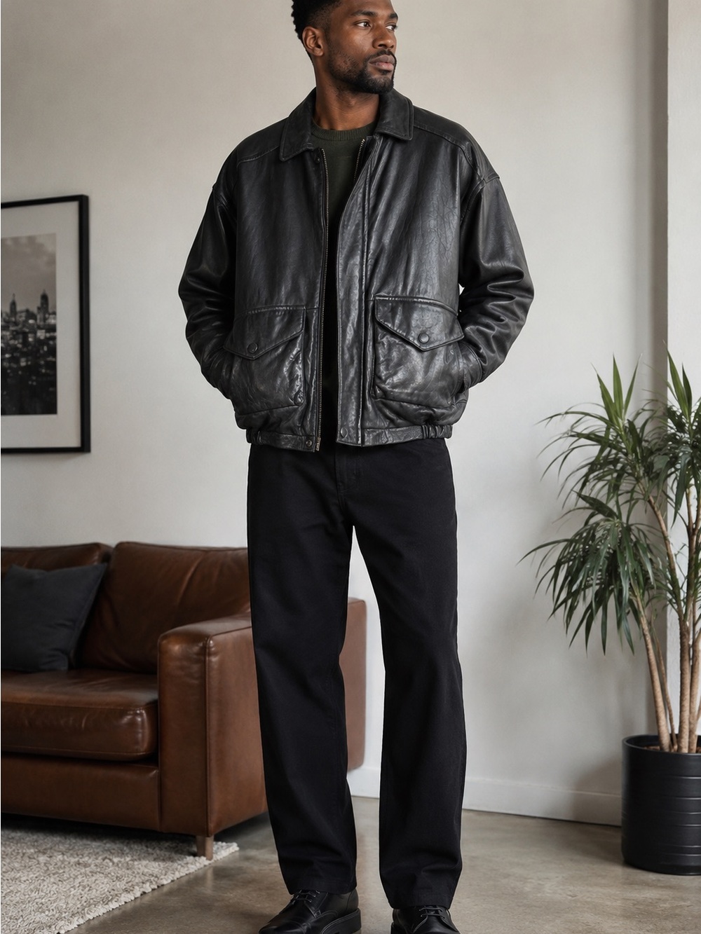 Nautica Black Leather Bomber-Military Style Jacket, Sz 42